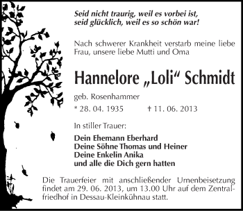 Traueranzeige von Hannelore Schmidt von Mitteldeutsche Zeitung Dessau-Roßlau
