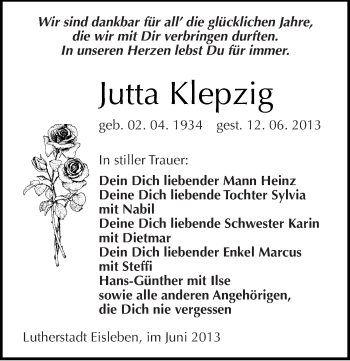 Traueranzeige von Jutta Klepzig von Mitteldeutsche Zeitung Aschersleben