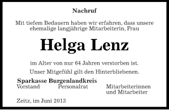 Traueranzeige von Helga Lenz von Mitteldeutsche Zeitung Naumburg/Nebra