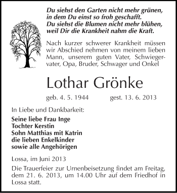 Traueranzeige von Lothar Grönke von Mitteldeutsche Zeitung Naumburg/Nebra