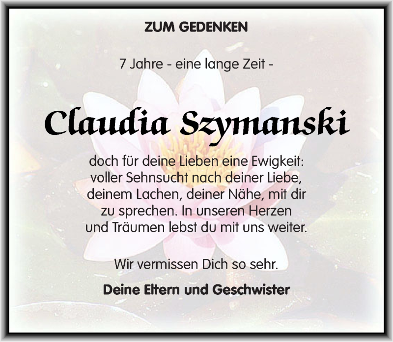  Traueranzeige für Claudia Szymanski vom 19.06.2013 aus Mitteldeutsche Zeitung Aschersleben