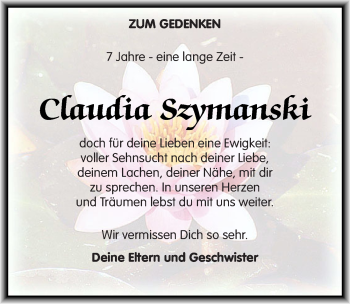 Traueranzeige von Claudia Szymanski von Mitteldeutsche Zeitung Aschersleben