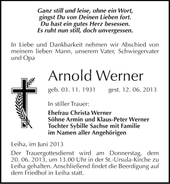 Traueranzeige von Arnold Werner von Mitteldeutsche Zeitung Merseburg/Querfurt