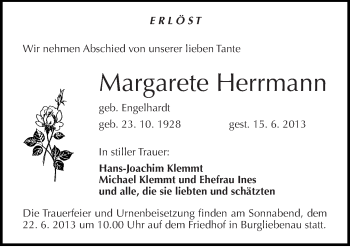 Traueranzeige von Margarete Herrmann von Mitteldeutsche Zeitung Merseburg/Querfurt