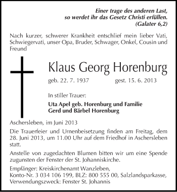 Traueranzeige von Klaus Georg Horenburg von Mitteldeutsche Zeitung Aschersleben