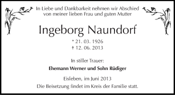 Traueranzeige von Ingeborg Naundorf von Mitteldeutsche Zeitung Aschersleben