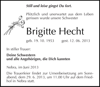 Traueranzeige von Brigitte Hecht von Mitteldeutsche Zeitung Naumburg/Nebra