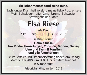 Traueranzeige von Elsa Riese von Mitteldeutsche Zeitung Quedlinburg