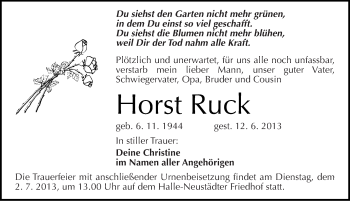 Traueranzeige von Horst Ruck von Mitteldeutsche Zeitung Halle/Saalkreis