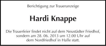 Traueranzeige von Hardi Knappe von Mitteldeutsche Zeitung Halle/Saalkreis