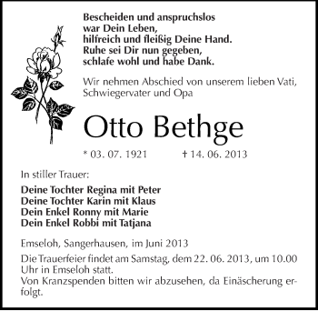 Traueranzeige von Otto Bethge von Mitteldeutsche Zeitung Sangerhausen