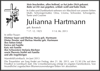 Traueranzeige von Julianna Hartmann von Mitteldeutsche Zeitung Aschersleben