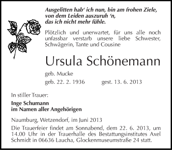 Traueranzeige von Ursula Schönemann von Mitteldeutsche Zeitung Naumburg/Nebra