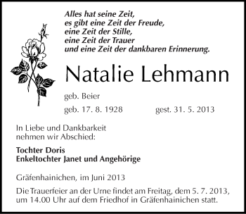 Traueranzeige von Natalie Lehmann von Mitteldeutsche Zeitung Wittenberg