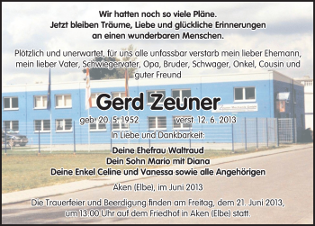 Traueranzeige von Gerd Zeuner von Mitteldeutsche Zeitung Köthen
