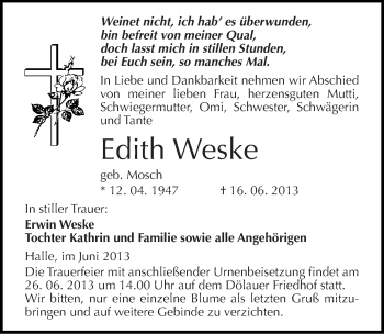 Traueranzeige von Edith Weske von Mitteldeutsche Zeitung Halle/Saalkreis