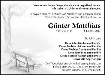 Traueranzeige von Günter Matthias von Mitteldeutsche Zeitung Köthen