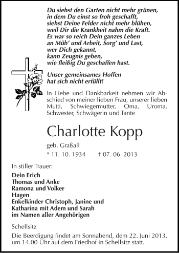 Traueranzeige von Charlotte Kopp von Mitteldeutsche Zeitung Naumburg/Nebra