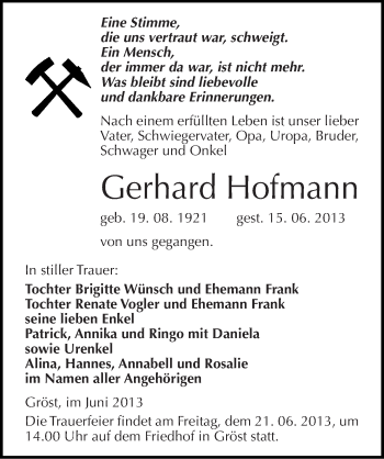 Traueranzeige von Gerhard Hofmann von Mitteldeutsche Zeitung Merseburg/Querfurt