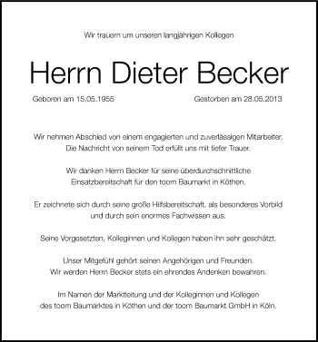 Traueranzeige von Dieter Becker von Mitteldeutsche Zeitung Köthen