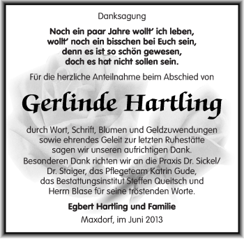 Traueranzeige von Gerlinde Hartling von Mitteldeutsche Zeitung Köthen