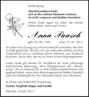 Traueranzeige von Anna Paasch von Mitteldeutsche Zeitung Köthen