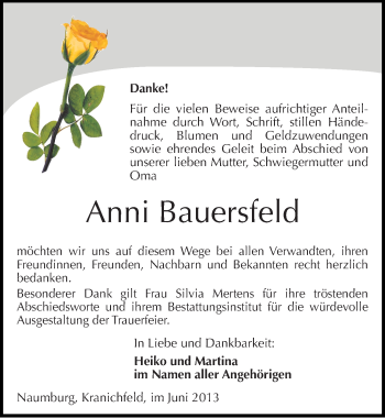Traueranzeige von Anni Bauersfeld von Mitteldeutsche Zeitung Naumburg/Nebra