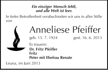 Traueranzeige von Anneliese Pfeiffer von Mitteldeutsche Zeitung Merseburg/Querfurt