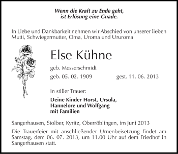 Traueranzeige von Else Kühne von Mitteldeutsche Zeitung Sangerhausen