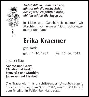 Traueranzeige von Erika Kraemer von Mitteldeutsche Zeitung Halle/Saalkreis