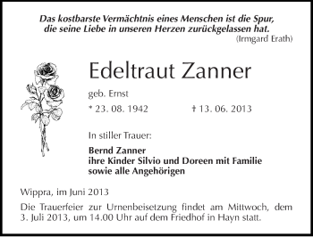 Traueranzeige von Edeltraut Zanner von Mitteldeutsche Zeitung Aschersleben