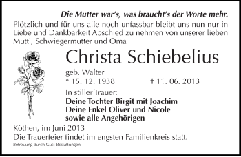 Traueranzeige von Christa Schiebelius von Mitteldeutsche Zeitung Köthen