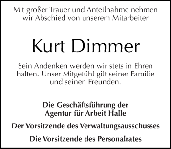 Traueranzeige von Kurt Dimmer von Mitteldeutsche Zeitung Wittenberg