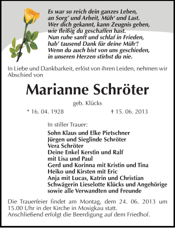 Traueranzeige von Marianne Schröter von Mitteldeutsche Zeitung