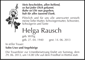 Traueranzeige von Helga Rausch von Mitteldeutsche Zeitung Halle/Saalkreis
