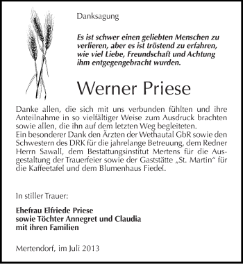 Traueranzeige von Werner Priese von Mitteldeutsche Zeitung Naumburg/Nebra
