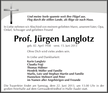 Traueranzeige von Jürgen Langlotz von Mitteldeutsche Zeitung Halle/Saalkreis