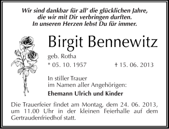 Traueranzeige von Birgit Bennewitz von Mitteldeutsche Zeitung Halle/Saalkreis