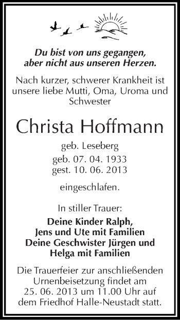 Traueranzeige von Christa Hoffmann von Mitteldeutsche Zeitung Halle/Saalkreis
