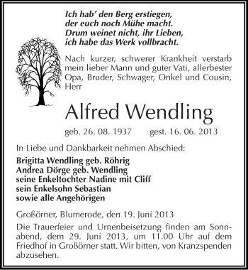 Traueranzeige von Alfred Wendling von Mitteldeutsche Zeitung Aschersleben