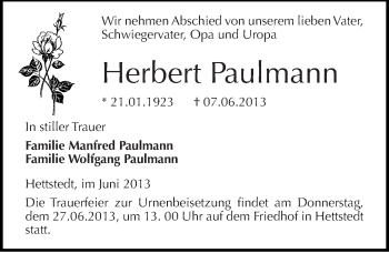 Traueranzeige von Herbert Paulmann von Mitteldeutsche Zeitung Aschersleben