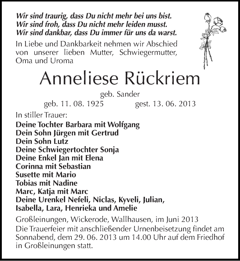  Traueranzeige für Anneliese Rückriem vom 19.06.2013 aus Mitteldeutsche Zeitung Sangerhausen