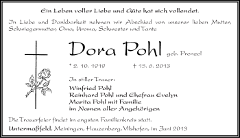 Traueranzeige von Dora Pohl von Mitteldeutsche Zeitung Halle/Saalkreis