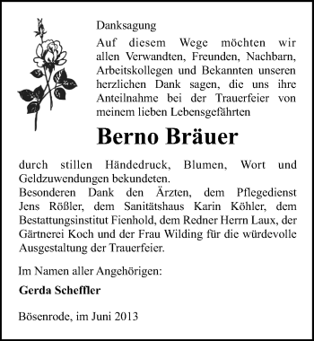 Traueranzeige von Berno Bräuer von Mitteldeutsche Zeitung Sangerhausen