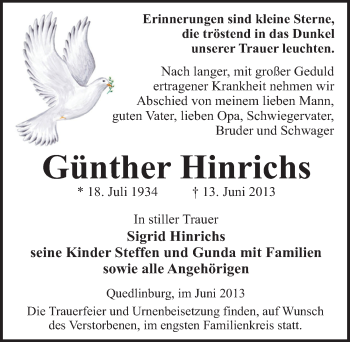 Traueranzeige von Günther Hinrichs von Mitteldeutsche Zeitung Quedlinburg