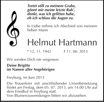 Traueranzeige von Helmut Hartmann von Mitteldeutsche Zeitung Naumburg/Nebra