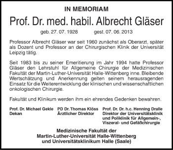 Traueranzeige von Albrecht Gläser von Mitteldeutsche Zeitung Halle/Saalkreis