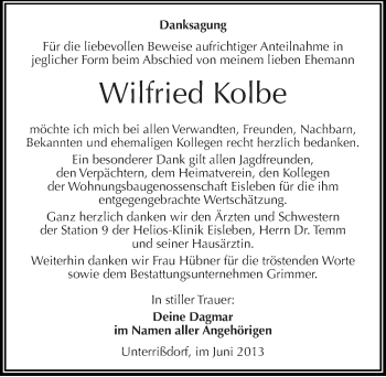 Traueranzeige von Wilfried Kolbe von Mitteldeutsche Zeitung Mansfelder Land