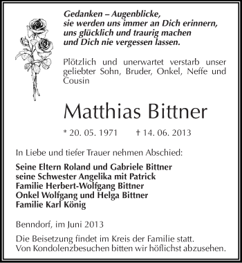 Traueranzeige von Matthias Bittner von Mitteldeutsche Zeitung Mansfelder Land