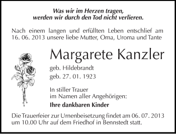 Traueranzeige von Margarete Kanzler von Mitteldeutsche Zeitung Halle/Saalkreis
